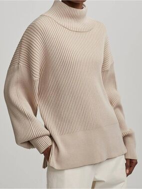 Varley Mayfair Mock Neck Ribbed Knit Zip Sweater Cement Beige Small